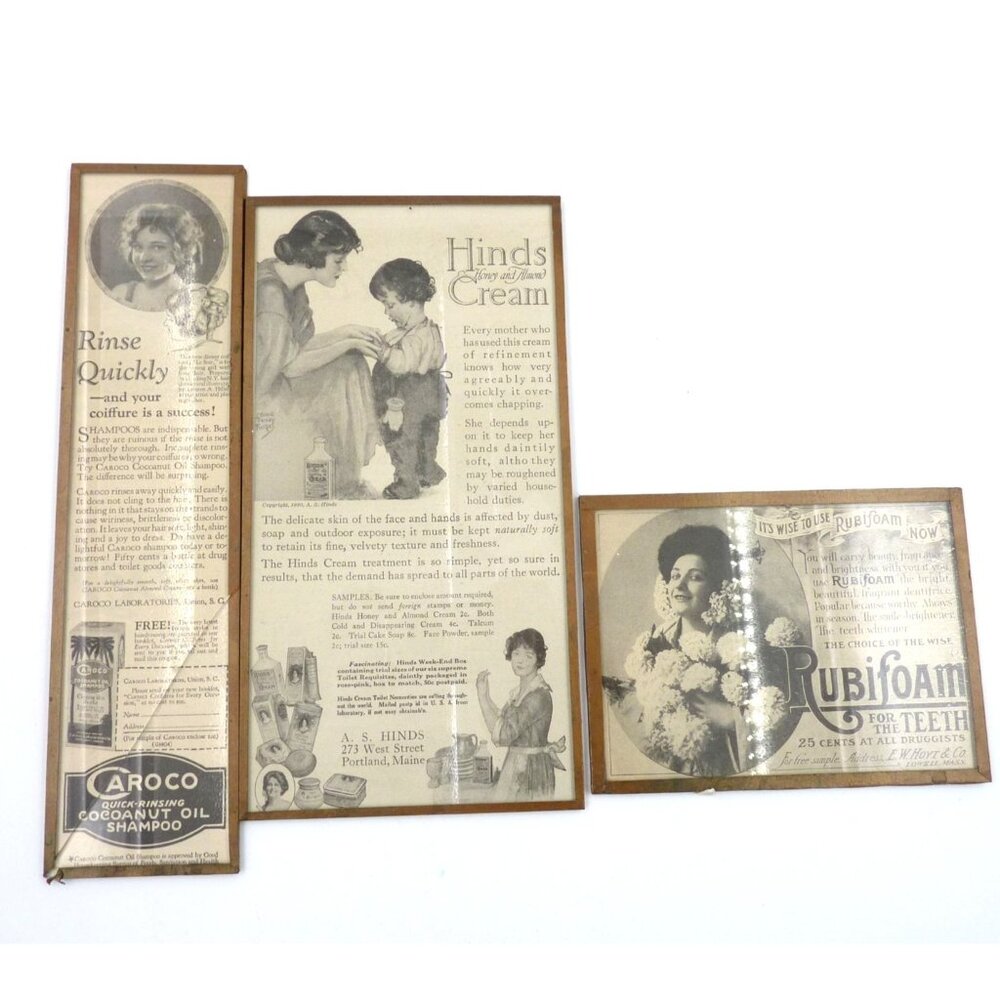 3 Authentic vintage ads Rubifoam Caroco Hinds framed 1905 - 1924